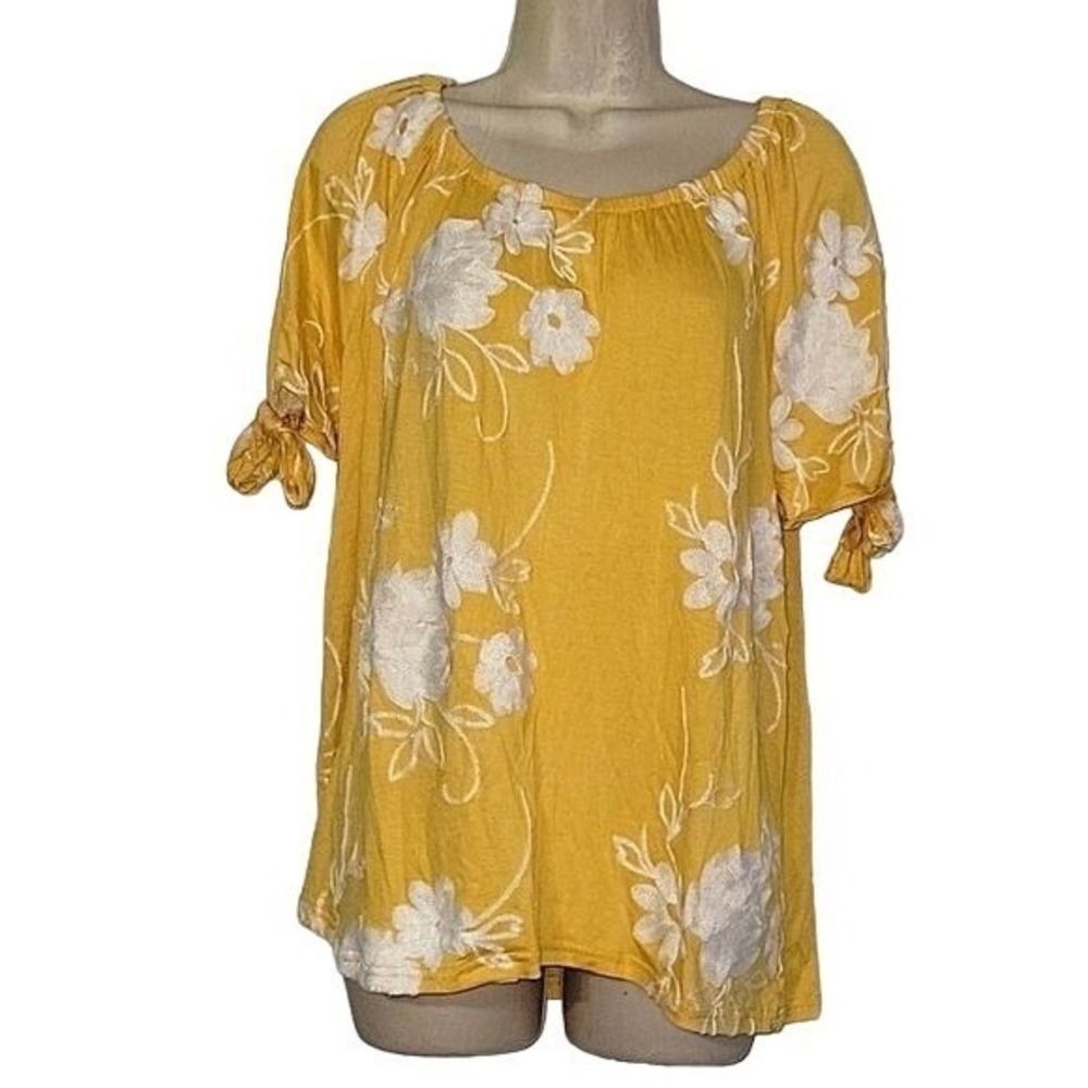 LIV LOS ANGELES Floral Embroidered Top Tie Sleeve Boho‎ Blouse Yellow L Beach